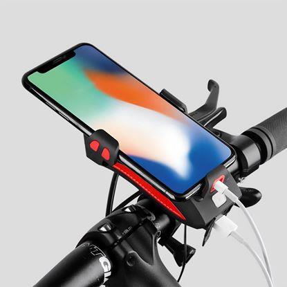 Imaginea 4în1: Lumină LED, baterie externă 4000 mAh, sonerie și suport pentru telefon pentru bicicletă