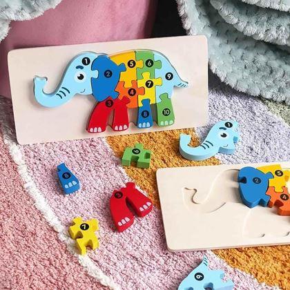 Imaginea din Puzzle din lemn cu numere - elefant