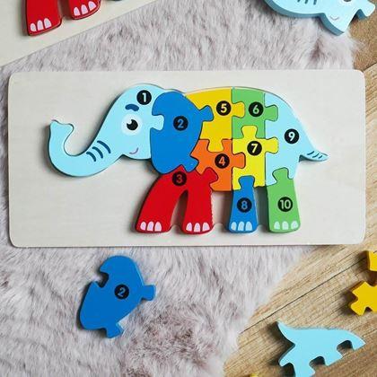 Imaginea din Puzzle din lemn cu numere - elefant