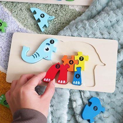 Imaginea din Puzzle din lemn cu numere - elefant