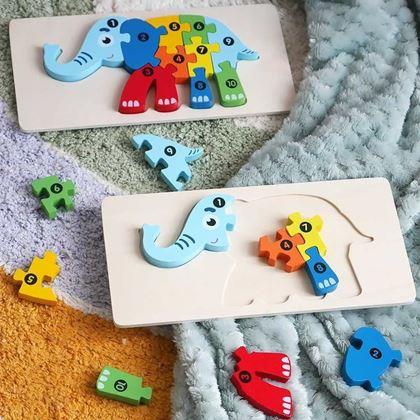 Imaginea din Puzzle din lemn cu numere - elefant