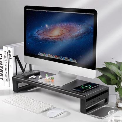 Imaginea Suport metalic pentru monitor cu porturi USB și încărcare wireless.